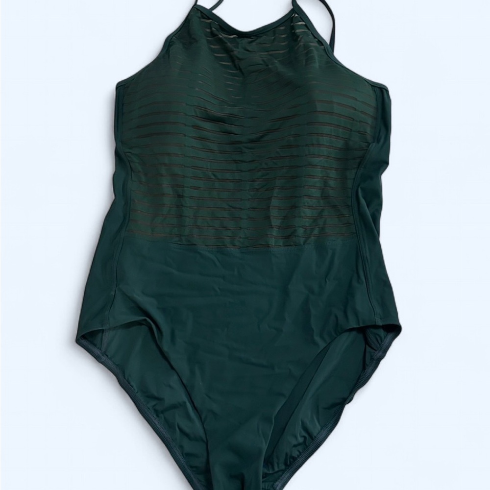 NWT! Amoressa Green Women’s high neck sheer stripes one piece swimsuit Size 14